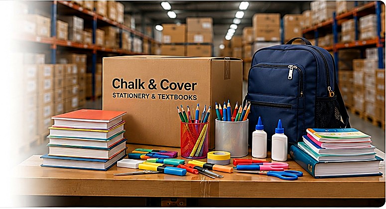 Chalk and Cover order packed with notebooks, pens and a backpack ready for dispatch